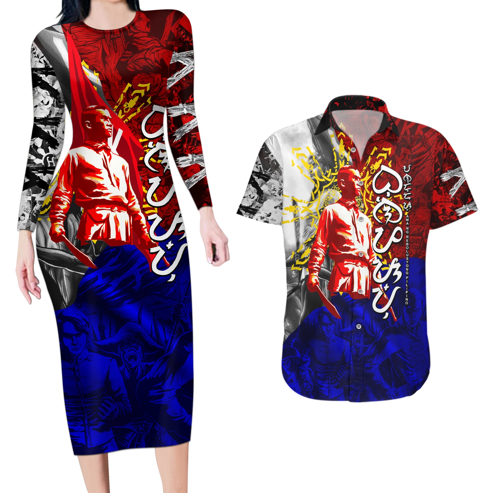 Philippines Bonifacio Day Couples Matching Long Sleeve Bodycon Dress and Hawaiian Shirt DT02 Art - Polynesian Pride