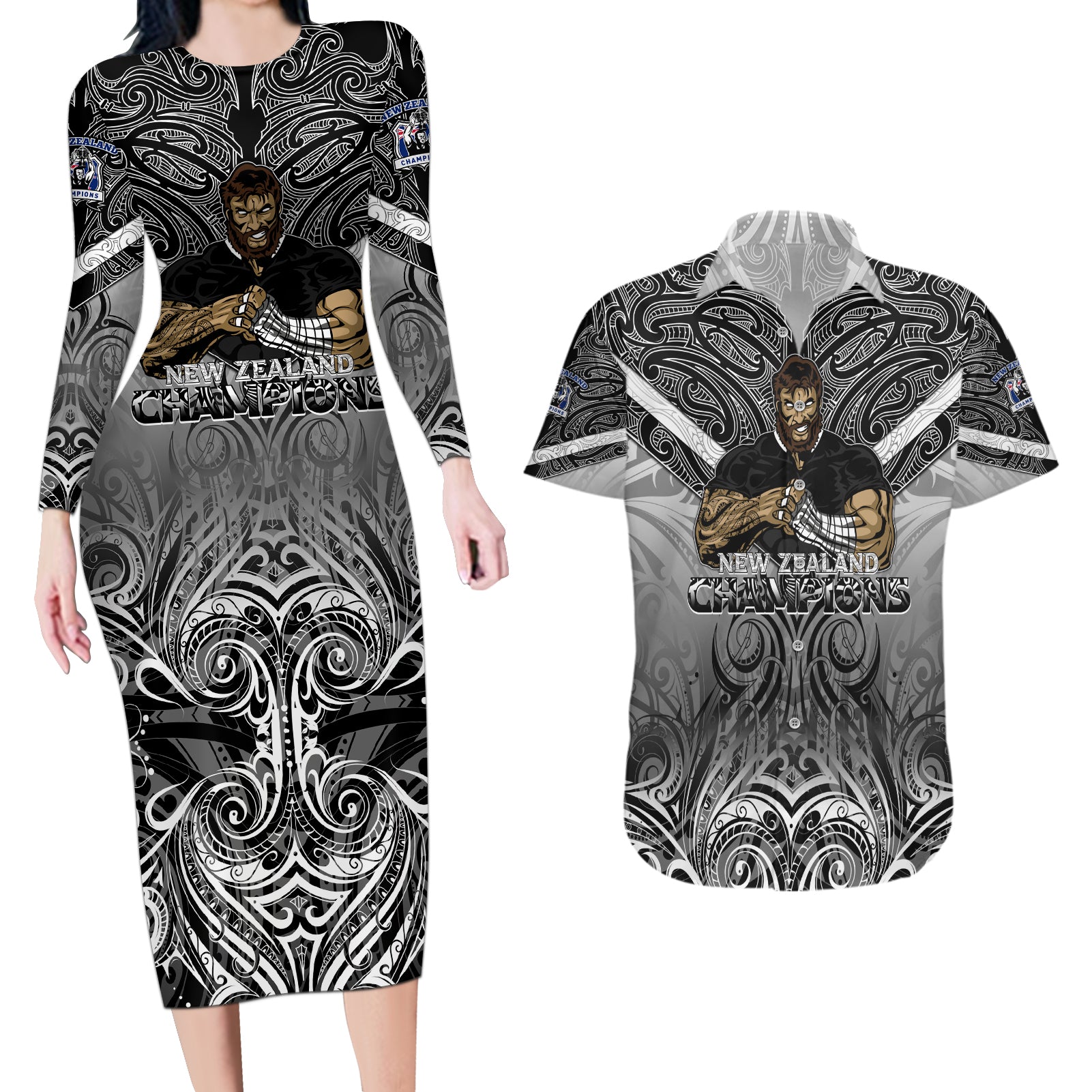 New Zealand Couples Matching Long Sleeve Bodycon Dress and Hawaiian Shirt Rugby Aotearoa Champions DT02 Black - Polynesian Pride