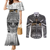 New Zealand Couples Matching Mermaid Dress and Long Sleeve Button Shirt Rugby Aotearoa Champions DT02 Black - Polynesian Pride