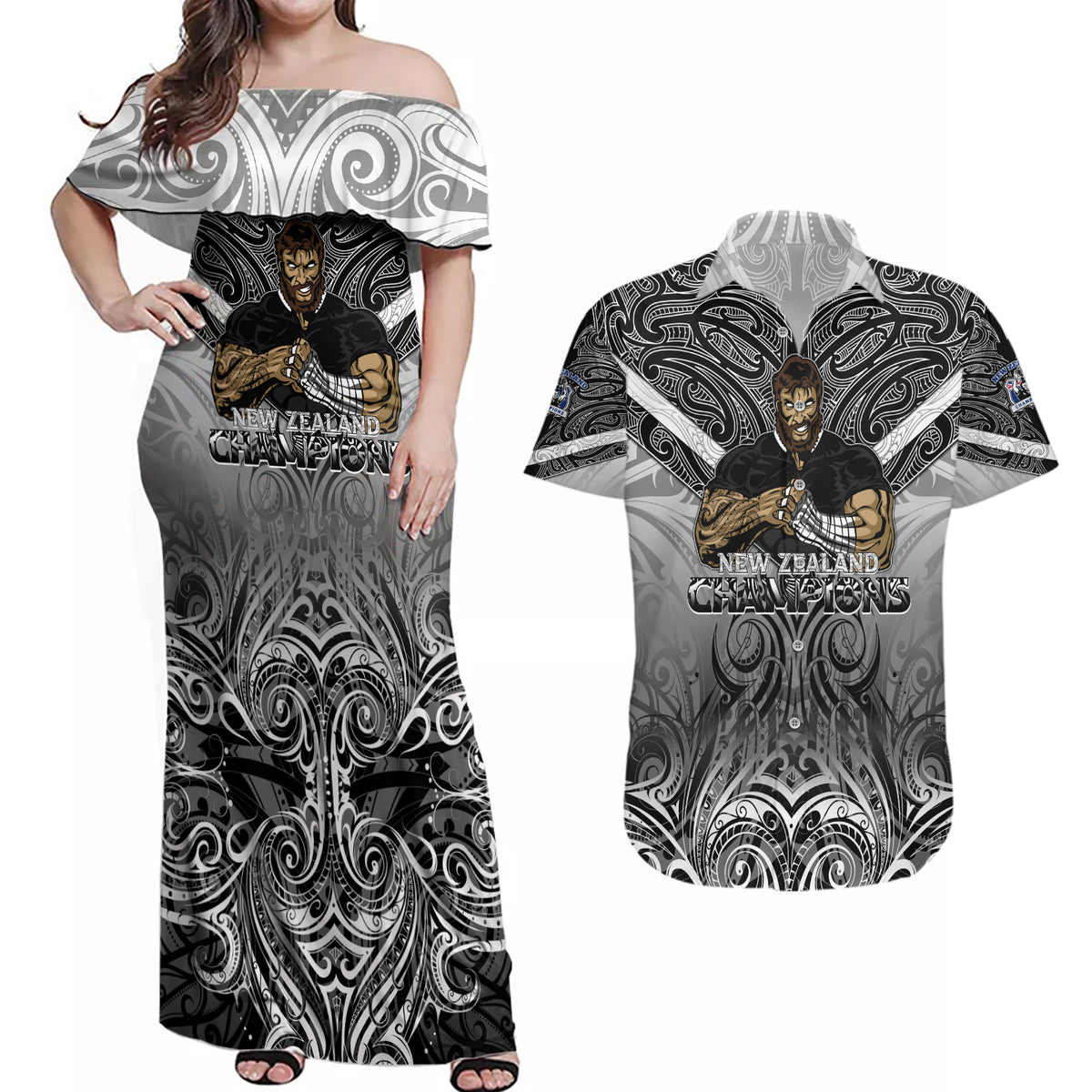 New Zealand Couples Matching Off Shoulder Maxi Dress and Hawaiian Shirt Rugby Aotearoa Champions DT02 Black - Polynesian Pride