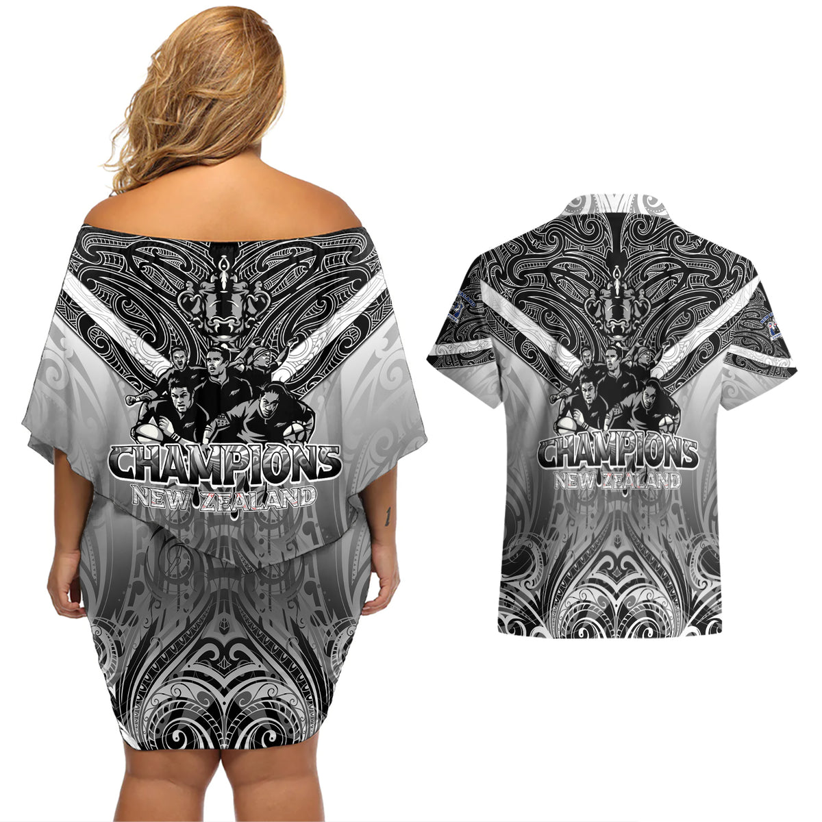 New Zealand Couples Matching Off Shoulder Short Dress and Hawaiian Shirt Rugby Aotearoa Champions DT02 - Polynesian Pride