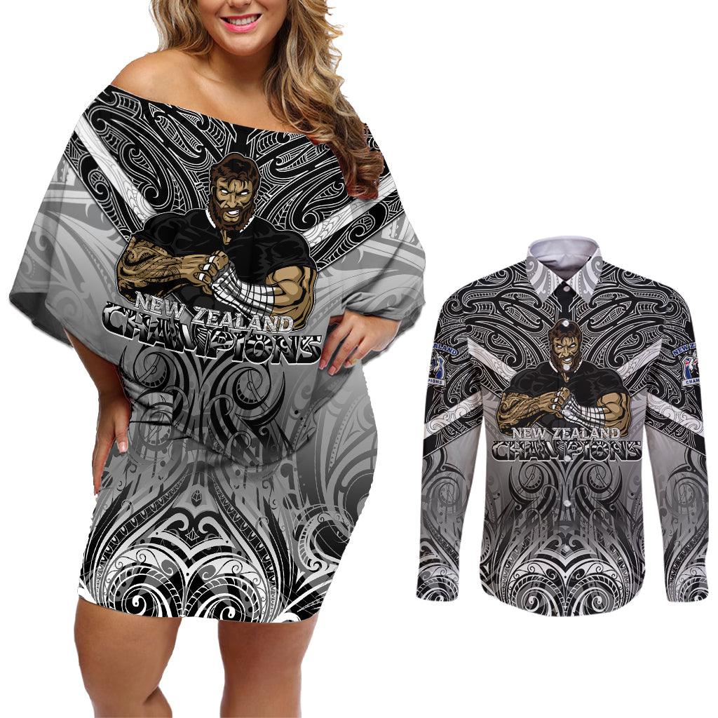 New Zealand Couples Matching Off Shoulder Short Dress and Long Sleeve Button Shirt Rugby Aotearoa Champions DT02 Black - Polynesian Pride