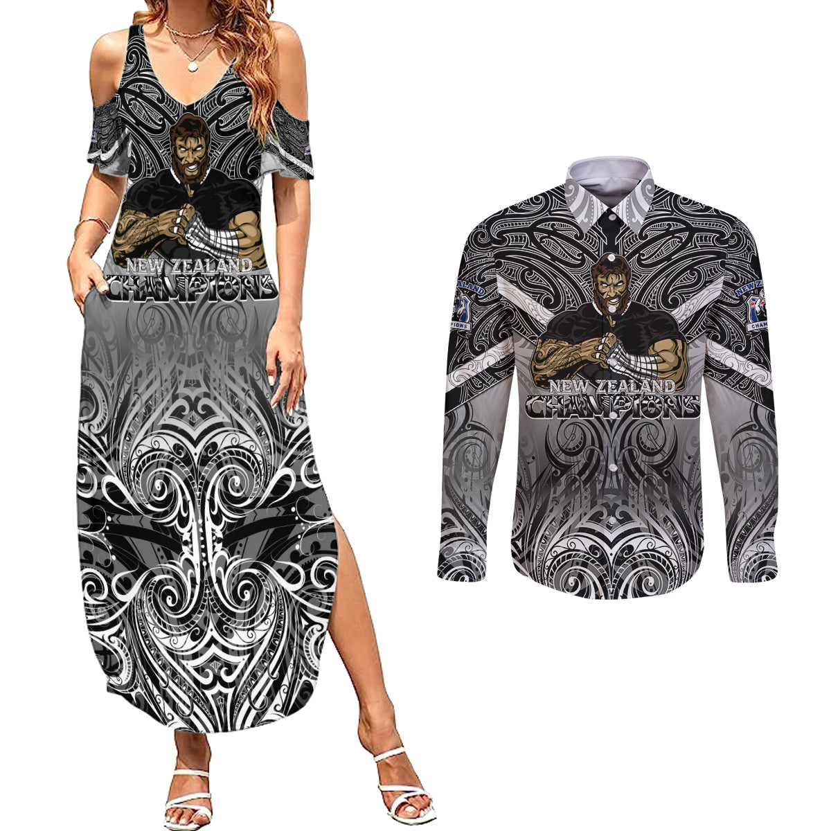 New Zealand Couples Matching Summer Maxi Dress and Long Sleeve Button Shirt Rugby Aotearoa Champions DT02 Black - Polynesian Pride