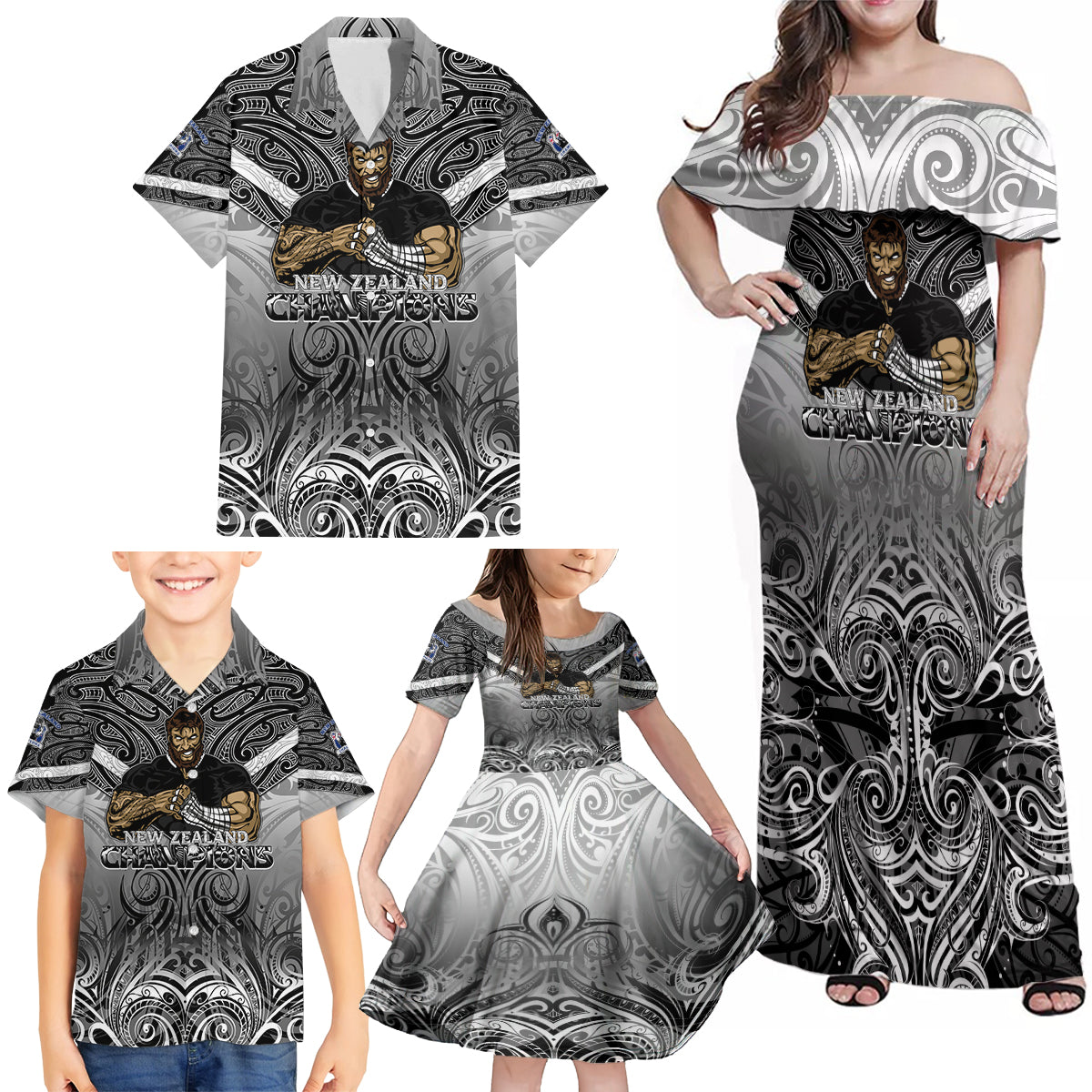 New Zealand Family Matching Off Shoulder Maxi Dress and Hawaiian Shirt Rugby Aotearoa Champions DT02 - Polynesian Pride