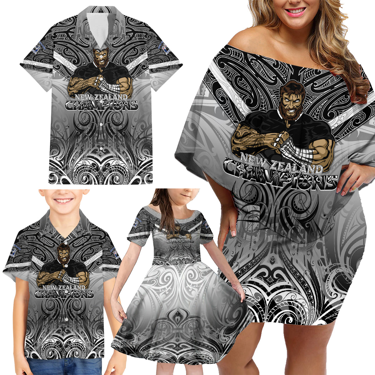 New Zealand Family Matching Off Shoulder Short Dress and Hawaiian Shirt Rugby Aotearoa Champions DT02 - Polynesian Pride