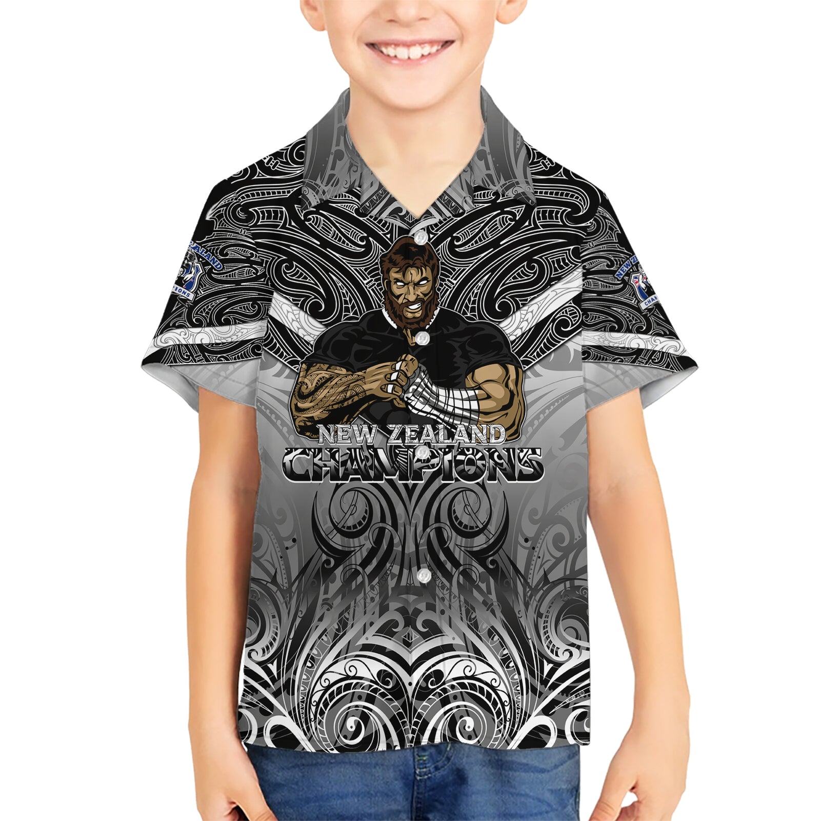 New Zealand Kid Hawaiian Shirt Rugby Aotearoa Champions DT02 Kid Black - Polynesian Pride