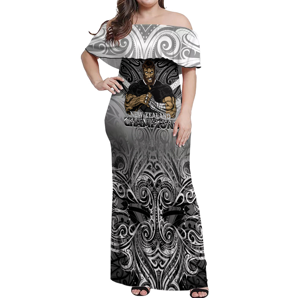 New Zealand Off Shoulder Maxi Dress Rugby Aotearoa Champions DT02 Women Black - Polynesian Pride