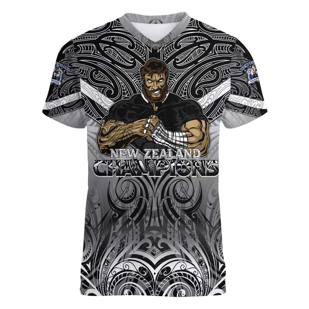 New Zealand Women V Neck T Shirt Rugby Aotearoa Champions DT02 Female Black - Polynesian Pride