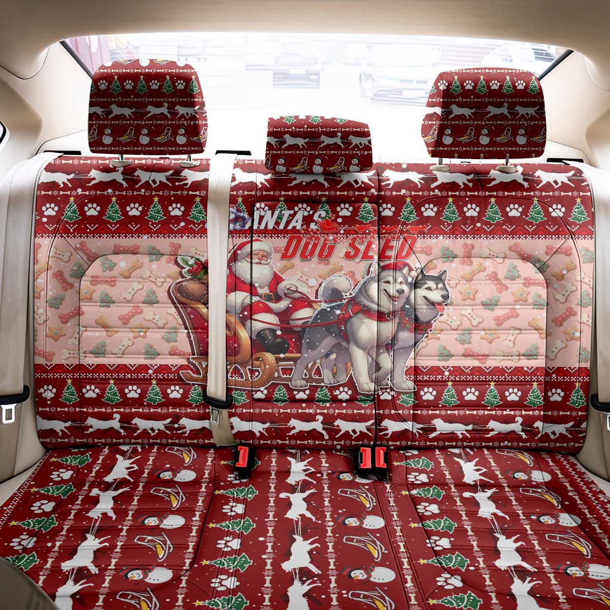 Dog Sled Christmas Back Car Seat Cover Husky Sleigh Ride Design - Polynesian Pride