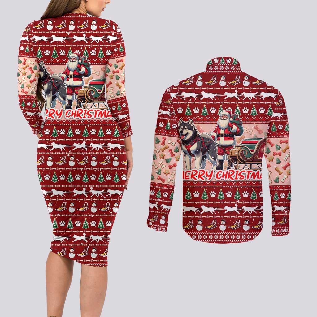 Dog Sled Christmas Couples Matching Long Sleeve Bodycon Dress and Long Sleeve Button Shirt Husky Sleigh Ride Design - Polynesian Pride