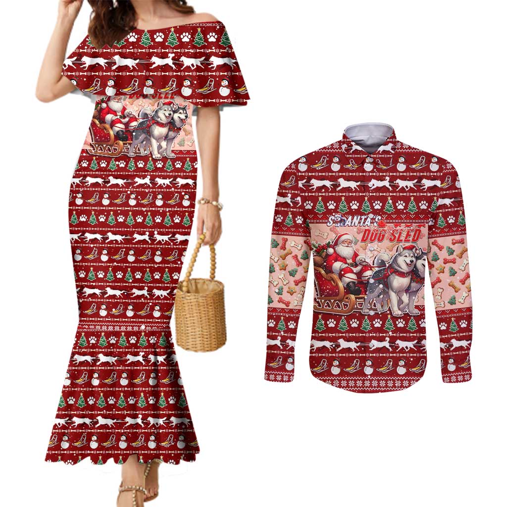 Dog Sled Christmas Couples Matching Mermaid Dress and Long Sleeve Button Shirt Husky Sleigh Ride Design - Polynesian Pride
