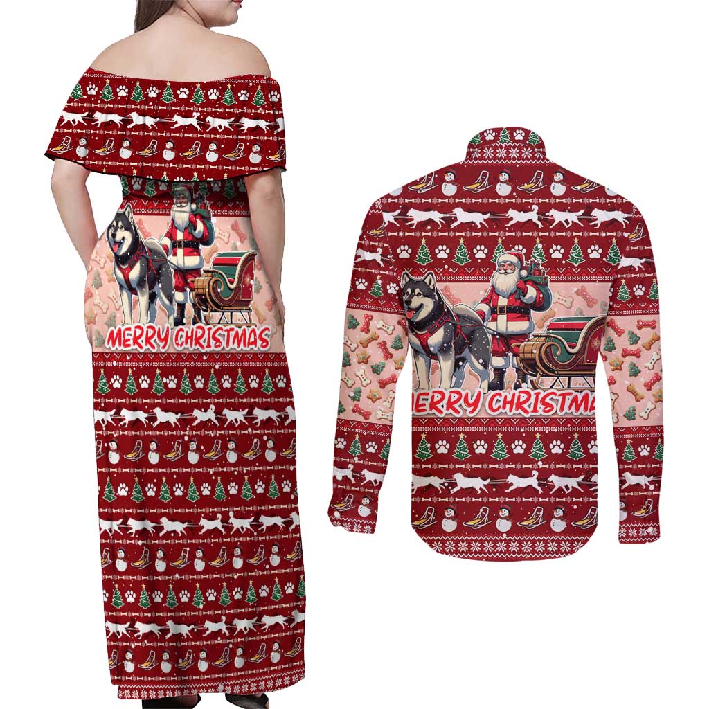 Dog Sled Christmas Couples Matching Off Shoulder Maxi Dress and Long Sleeve Button Shirt Husky Sleigh Ride Design - Polynesian Pride