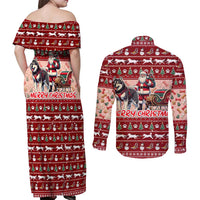 Dog Sled Christmas Couples Matching Off Shoulder Maxi Dress and Long Sleeve Button Shirt Husky Sleigh Ride Design - Polynesian Pride