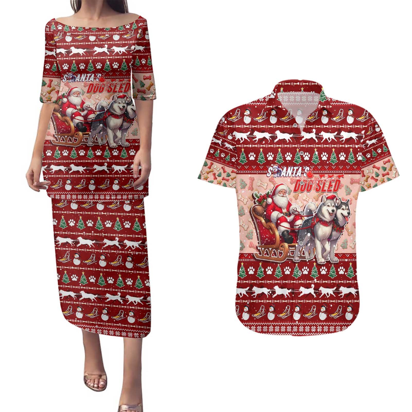 Dog Sled Christmas Couples Matching Puletasi and Hawaiian Shirt Husky Sleigh Ride Design - Polynesian Pride