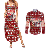 Dog Sled Christmas Couples Matching Summer Maxi Dress and Long Sleeve Button Shirt Husky Sleigh Ride Design - Polynesian Pride