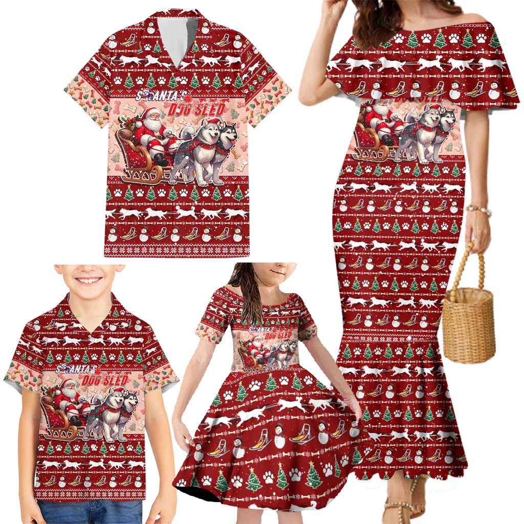 Dog Sled Christmas Family Matching Mermaid Dress and Hawaiian Shirt Husky Sleigh Ride Design - Polynesian Pride