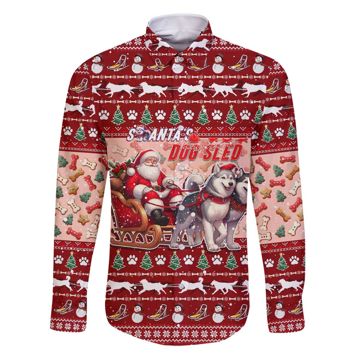 Dog Sled Christmas Family Matching Off The Shoulder Long Sleeve Dress and Hawaiian Shirt Husky Sleigh Ride Design - Polynesian Pride