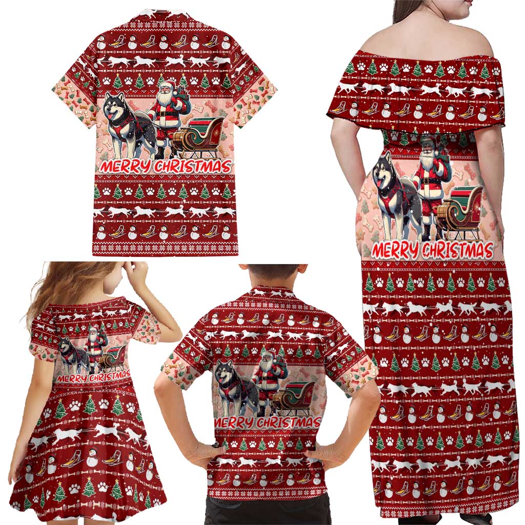 Dog Sled Christmas Family Matching Off Shoulder Maxi Dress and Hawaiian Shirt Husky Sleigh Ride Design - Polynesian Pride