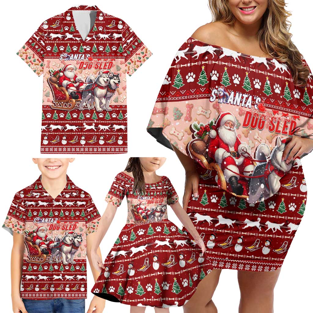 Dog Sled Christmas Family Matching Off Shoulder Short Dress and Hawaiian Shirt Husky Sleigh Ride Design - Polynesian Pride