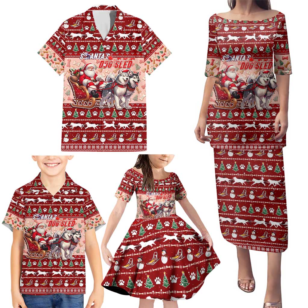 Dog Sled Christmas Family Matching Puletasi and Hawaiian Shirt Husky Sleigh Ride Design - Polynesian Pride