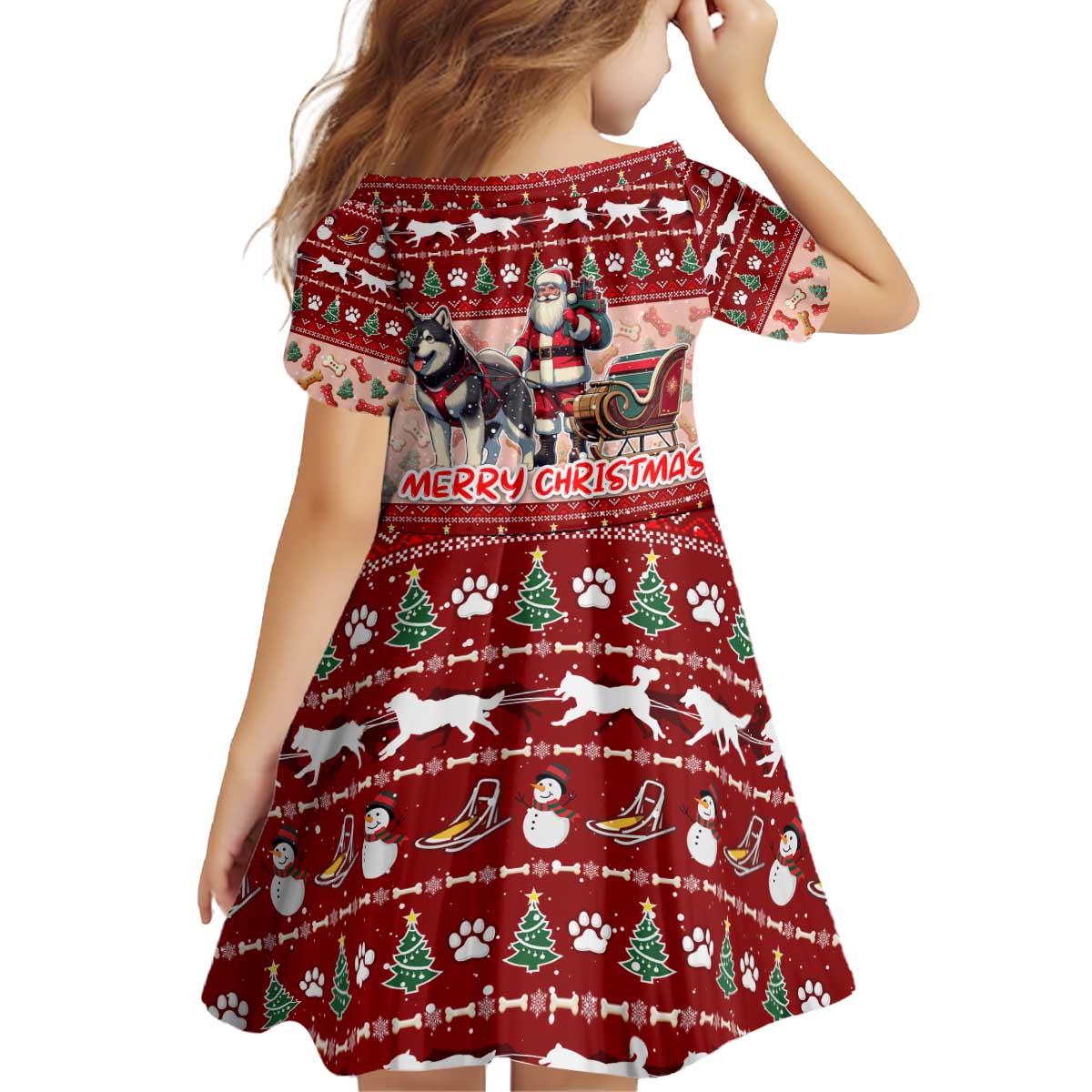 Dog Sled Christmas Kid Short Sleeve Dress Husky Sleigh Ride Design - Polynesian Pride