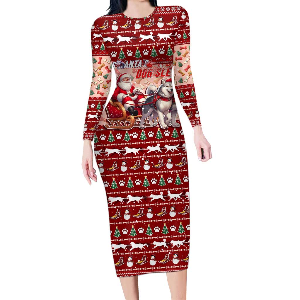 Dog Sled Christmas Long Sleeve Bodycon Dress Husky Sleigh Ride Design - Polynesian Pride
