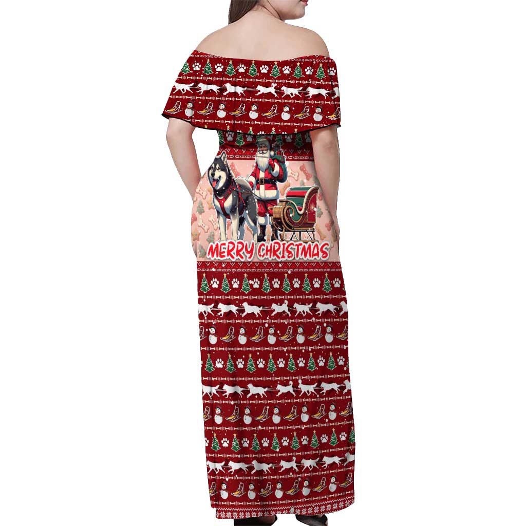 Dog Sled Christmas Off Shoulder Maxi Dress Husky Sleigh Ride Design - Polynesian Pride