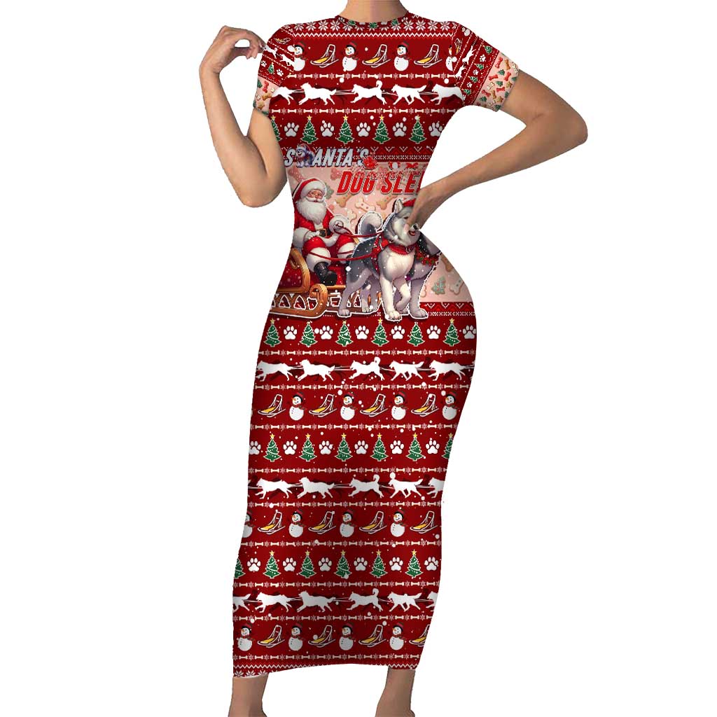 Dog Sled Christmas Short Sleeve Bodycon Dress Husky Sleigh Ride Design - Polynesian Pride