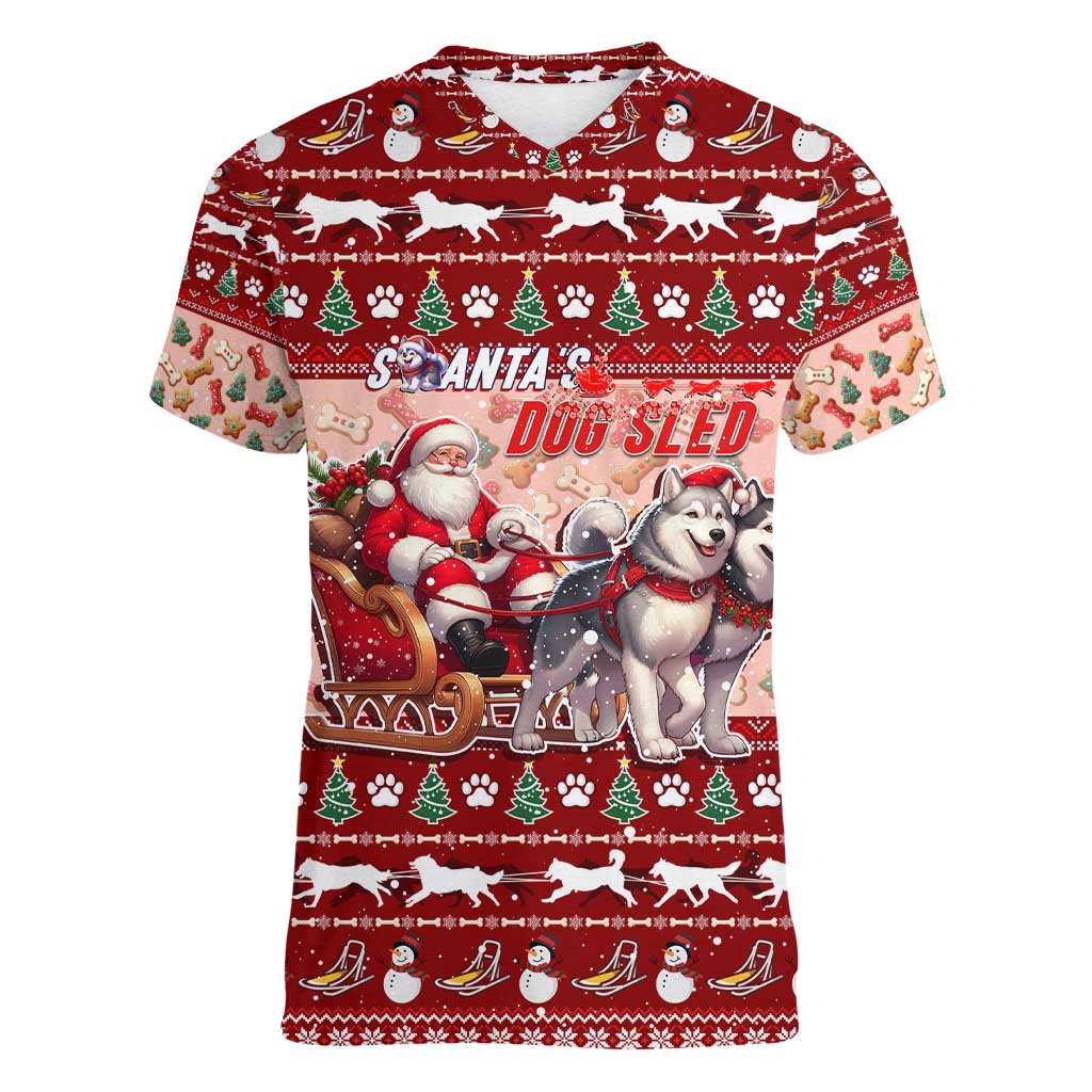 Dog Sled Christmas Women V-Neck T-Shirt Husky Sleigh Ride Design - Polynesian Pride