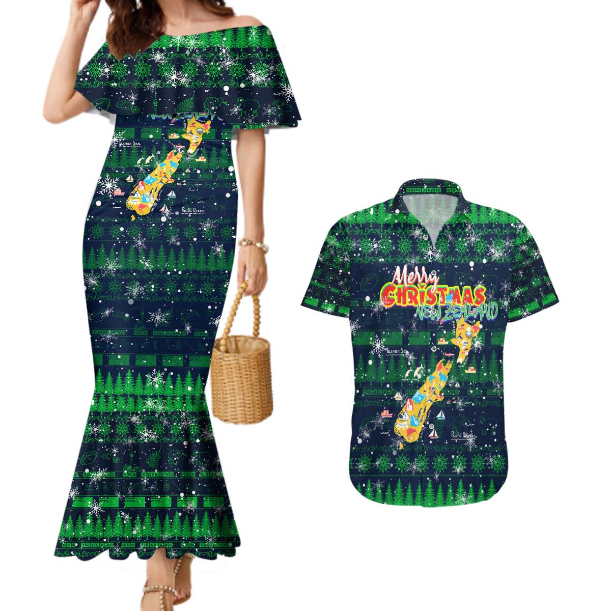 Merry Christmas New Zealand Couples Matching Mermaid Dress and Hawaiian Shirt Xmas Travel Map - Polynesian Pride