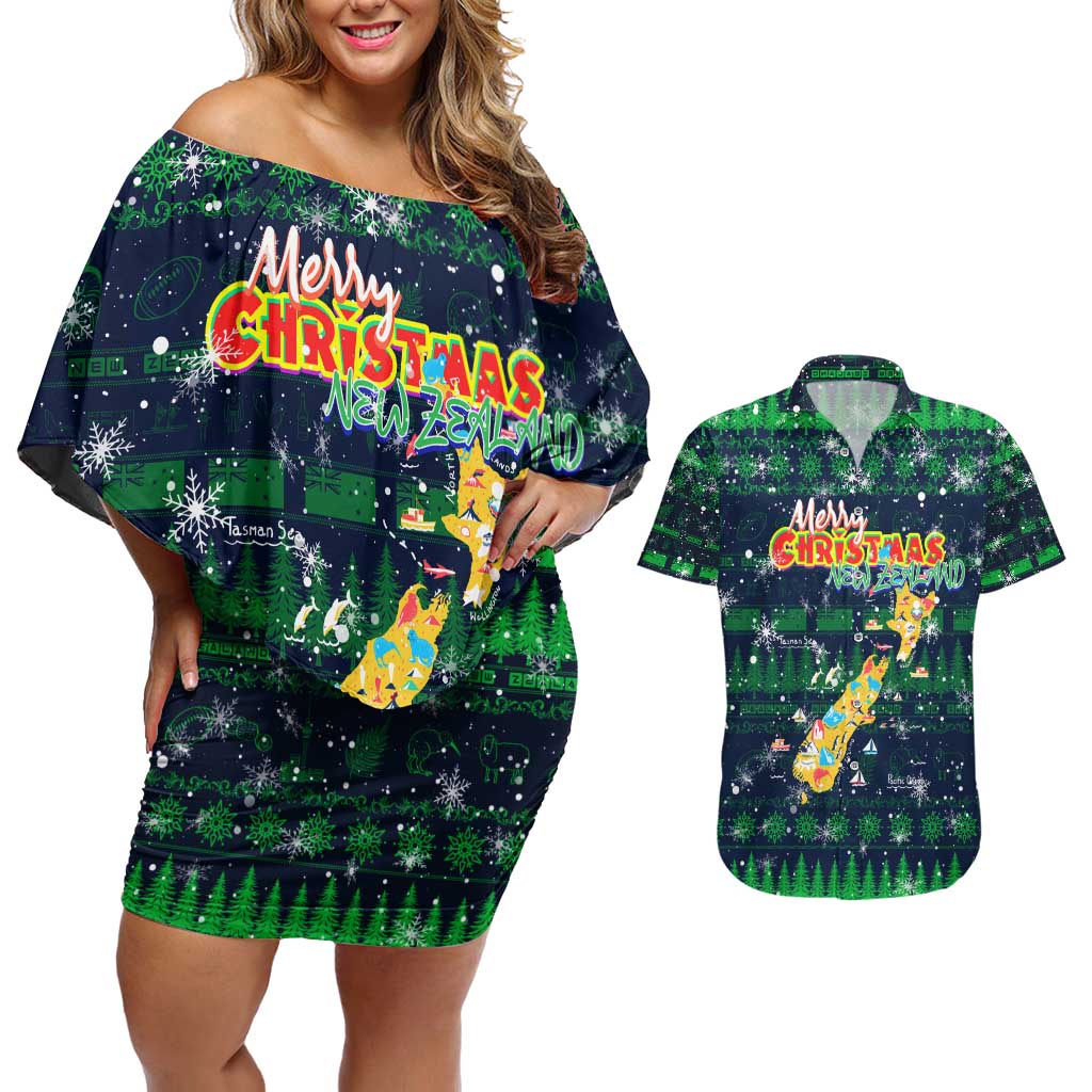 Merry Christmas New Zealand Couples Matching Off Shoulder Short Dress and Hawaiian Shirt Xmas Travel Map - Polynesian Pride