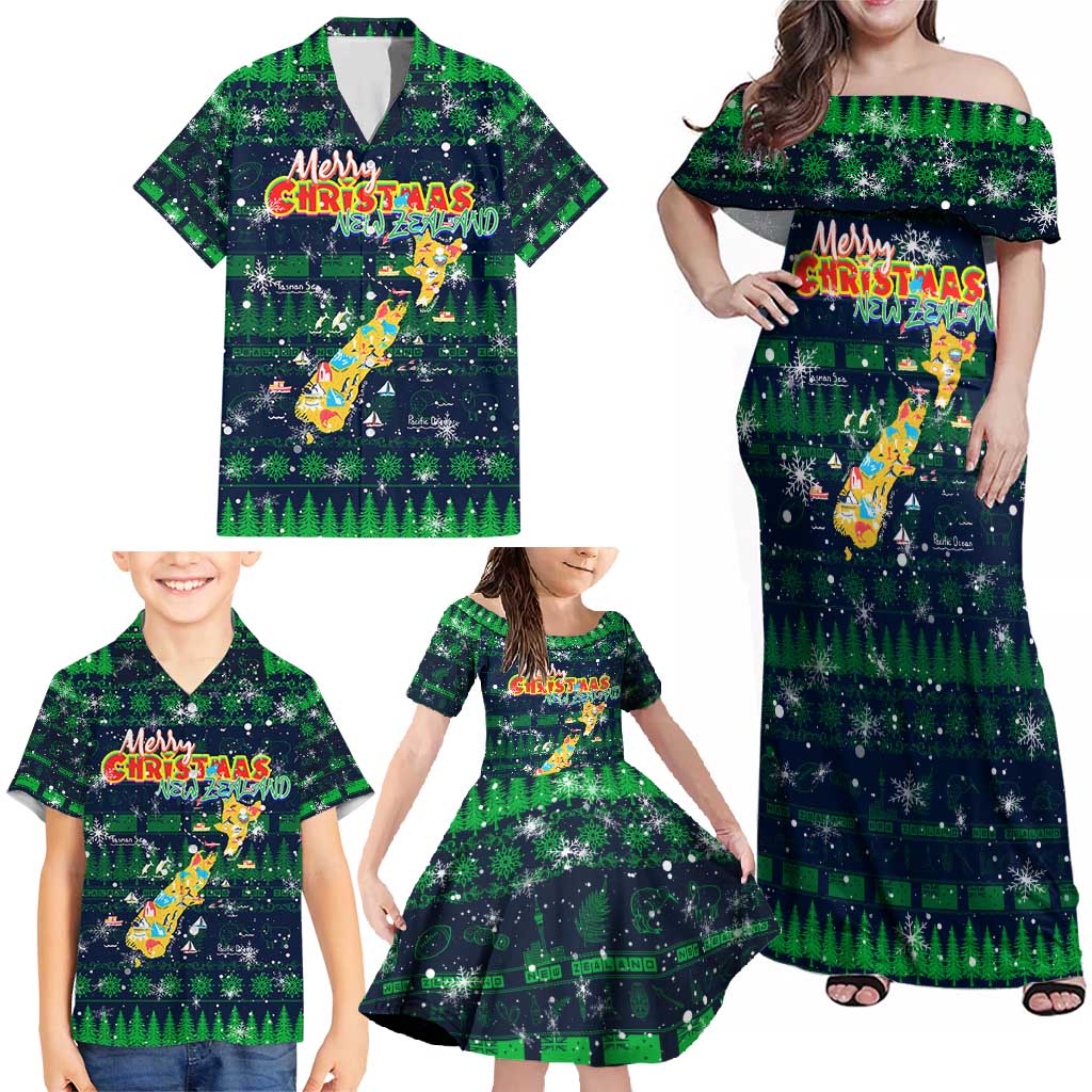 Merry Christmas New Zealand Family Matching Off Shoulder Maxi Dress and Hawaiian Shirt Xmas Travel Map - Polynesian Pride