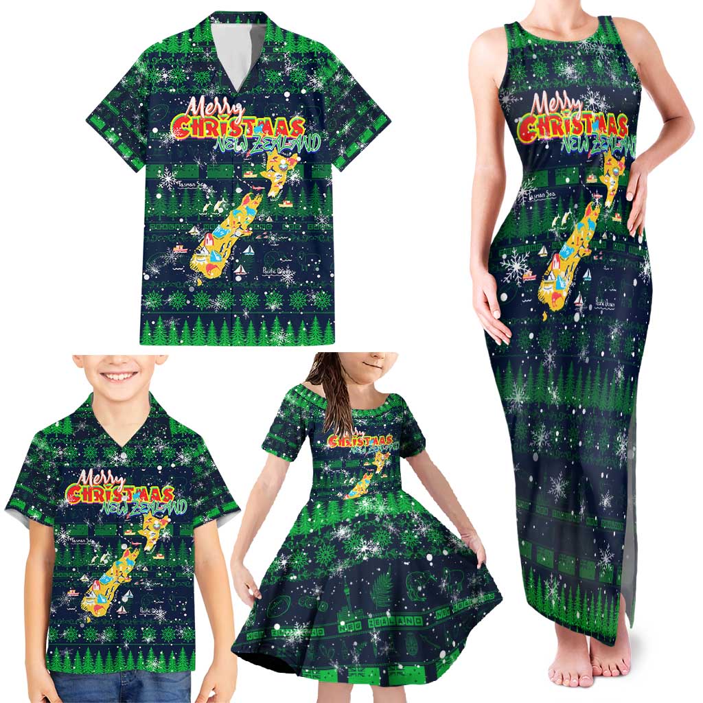 Merry Christmas New Zealand Family Matching Tank Maxi Dress and Hawaiian Shirt Xmas Travel Map - Polynesian Pride
