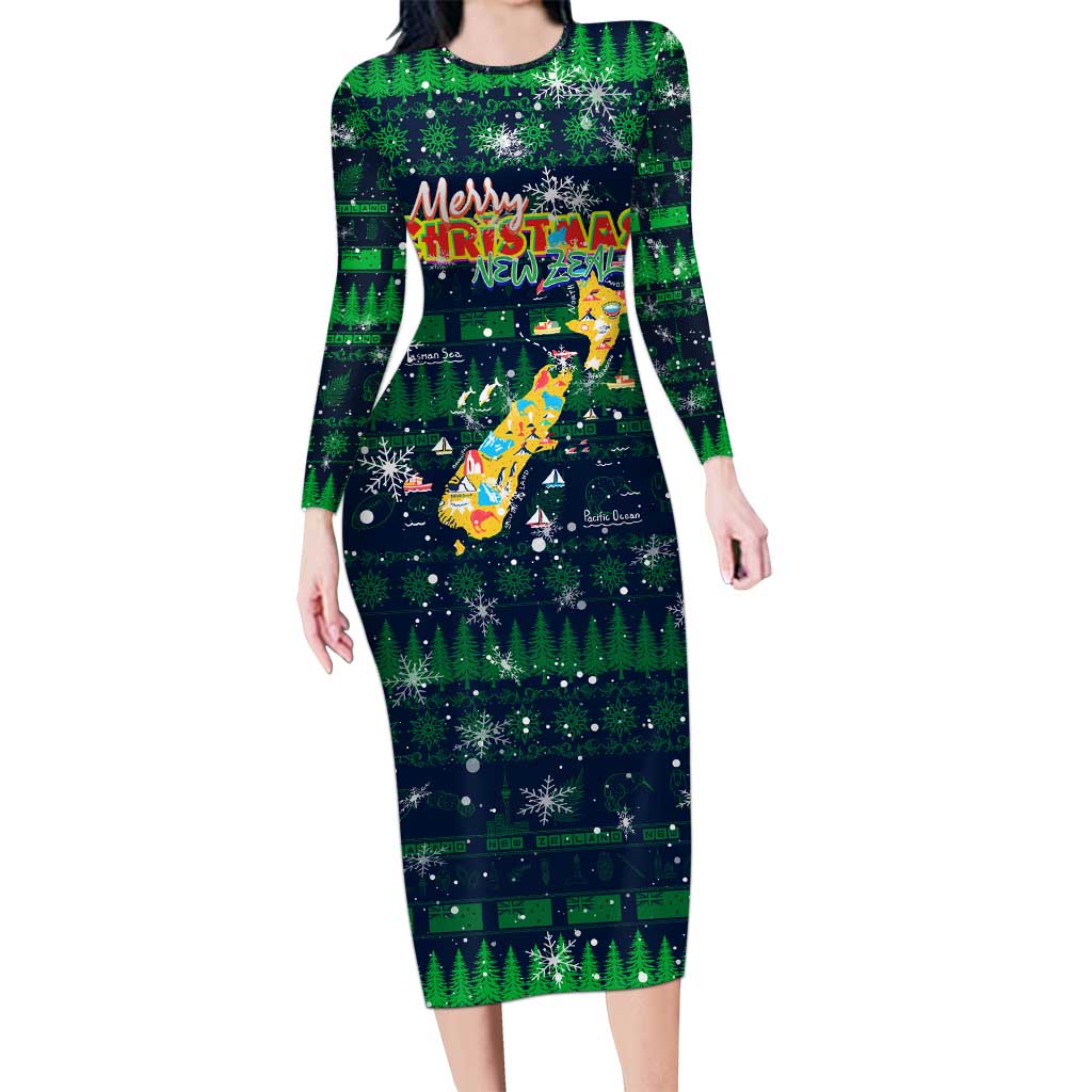 Merry Christmas New Zealand Long Sleeve Bodycon Dress Xmas Travel Map - Polynesian Pride