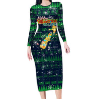 Merry Christmas New Zealand Long Sleeve Bodycon Dress Xmas Travel Map - Polynesian Pride