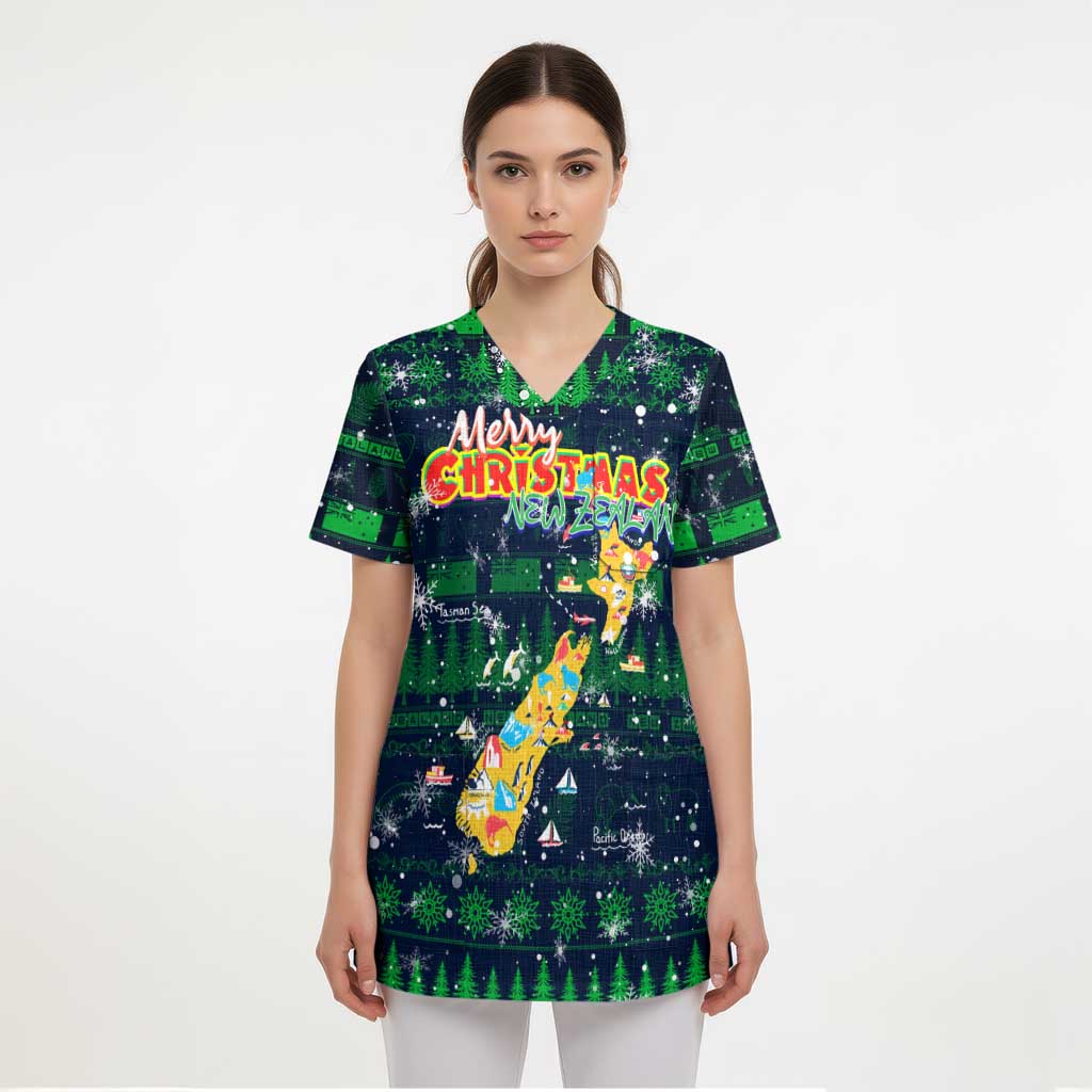 Merry Christmas New Zealand Scrub Top Xmas Travel Map DT02 - Polynesian Pride