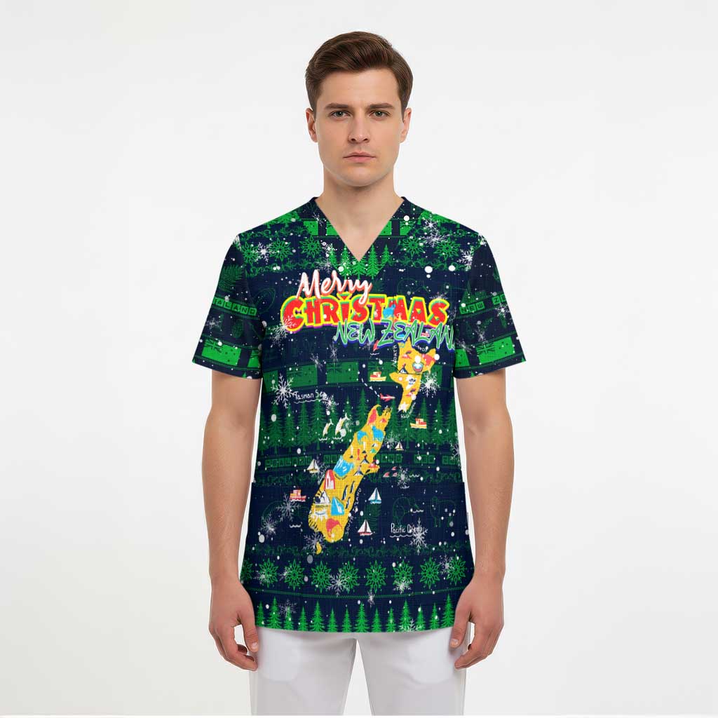 Merry Christmas New Zealand Scrub Top Xmas Travel Map DT02 - Polynesian Pride