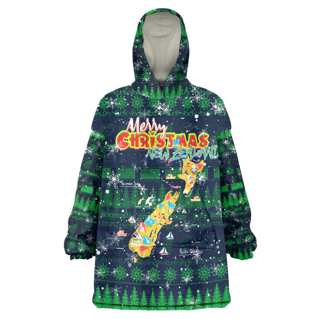Merry Christmas New Zealand Wearable Blanket Hoodie Xmas Travel Map - Polynesian Pride