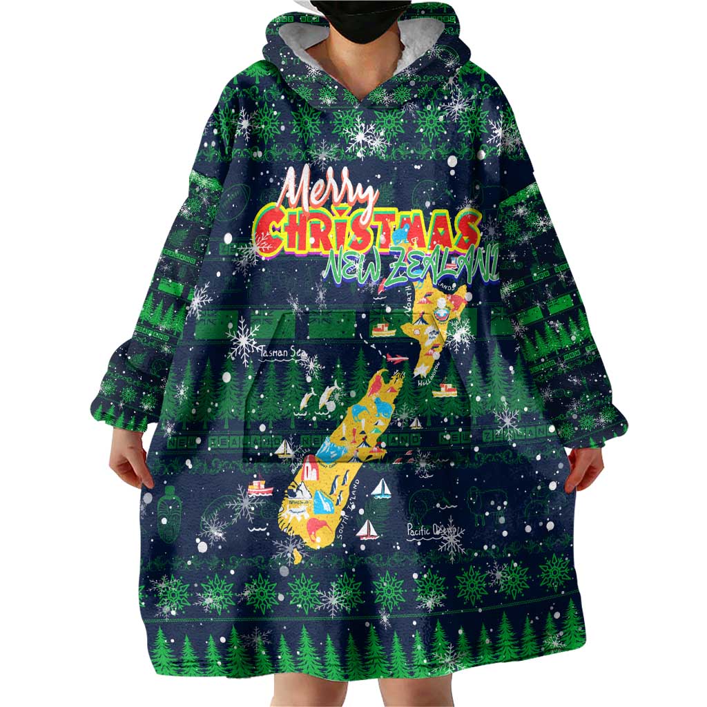 Merry Christmas New Zealand Wearable Blanket Hoodie Xmas Travel Map - Polynesian Pride