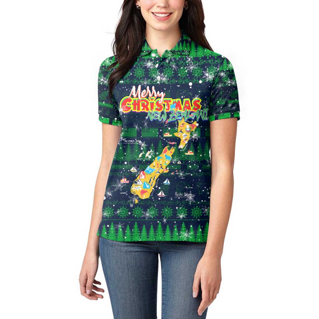 Merry Christmas New Zealand Women Polo Shirt Xmas Travel Map - Polynesian Pride
