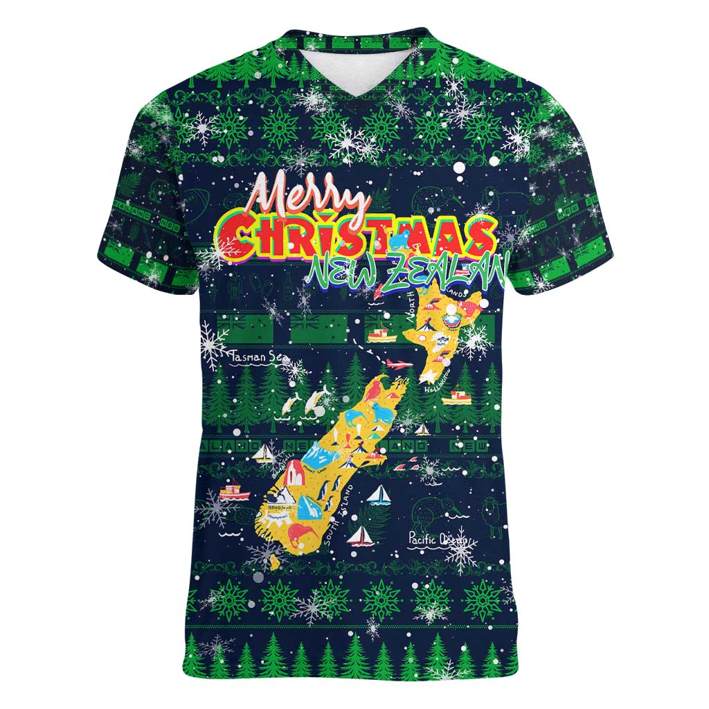 Merry Christmas New Zealand Women V-Neck T-Shirt Xmas Travel Map - Polynesian Pride