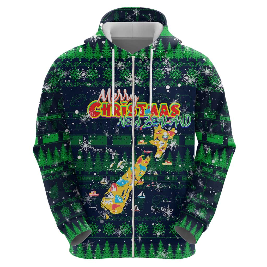 Merry Christmas New Zealand Zip Hoodie Xmas Travel Map - Polynesian Pride