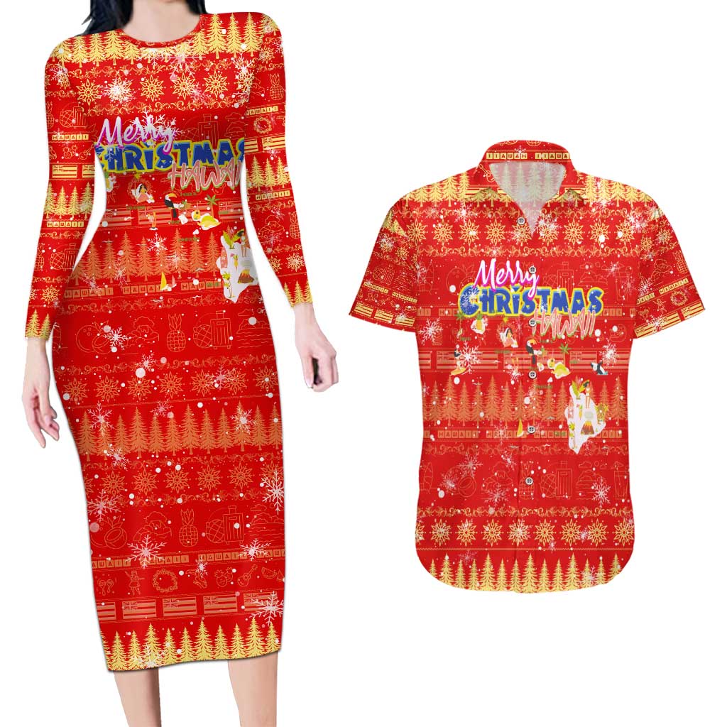 Merry Christmas Hawaii Couples Matching Long Sleeve Bodycon Dress and Hawaiian Shirt Xmas Travel Map - Polynesian Pride
