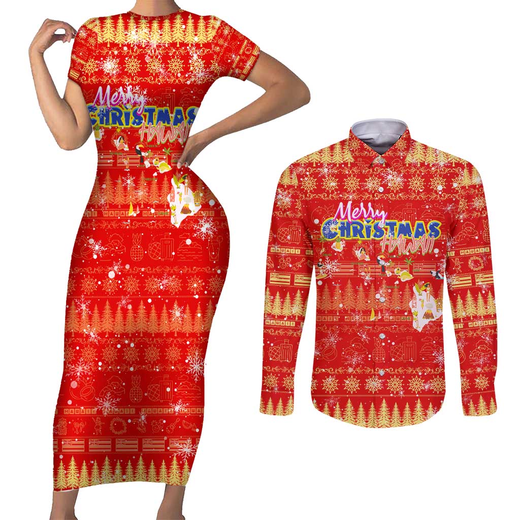 Merry Christmas Hawaii Couples Matching Short Sleeve Bodycon Dress and Long Sleeve Button Shirt Xmas Travel Map - Polynesian Pride