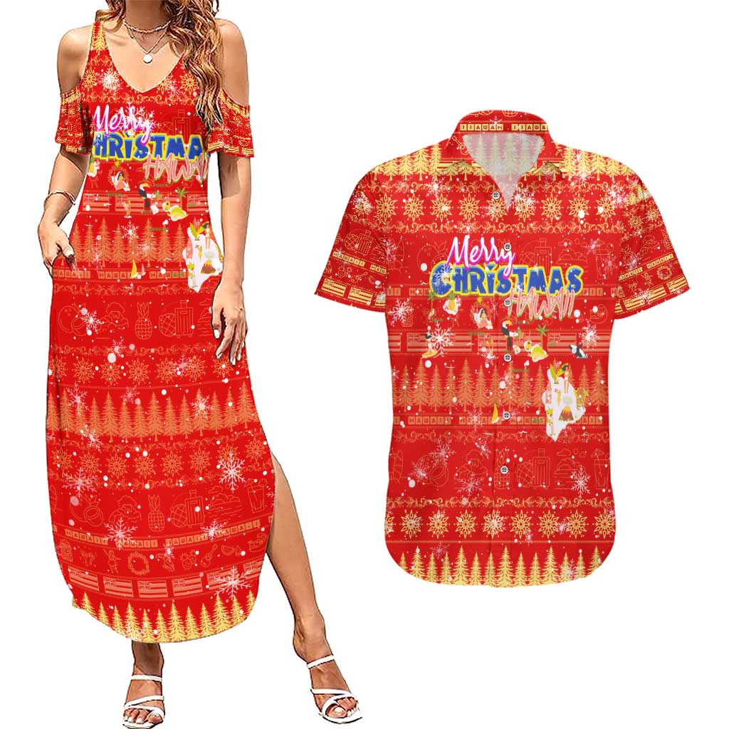 Merry Christmas Hawaii Couples Matching Summer Maxi Dress and Hawaiian Shirt Xmas Travel Map - Polynesian Pride