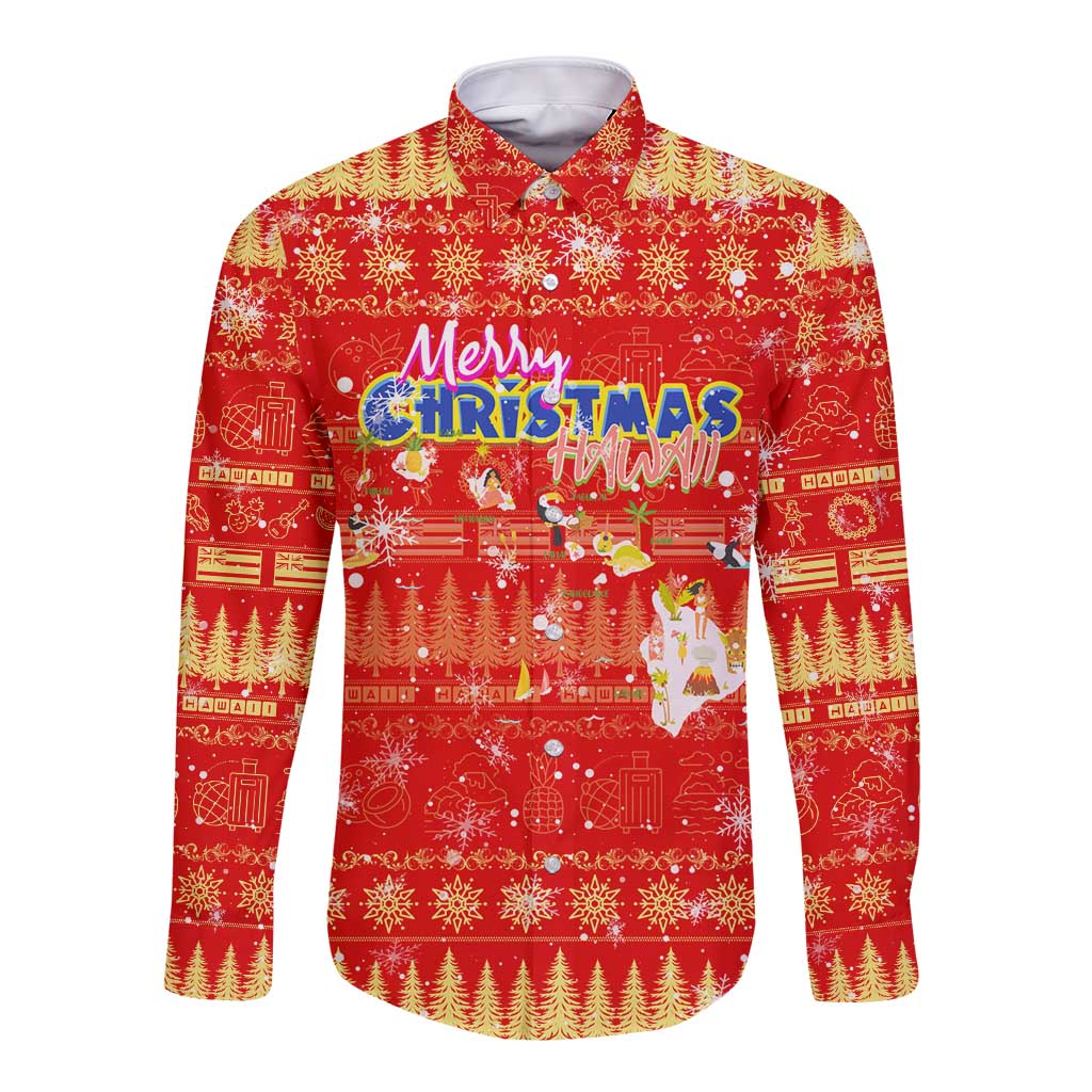 Merry Christmas Hawaii Long Sleeve Button Shirt Xmas Travel Map - Polynesian Pride