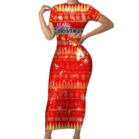 Merry Christmas Hawaii Short Sleeve Bodycon Dress Xmas Travel Map - Polynesian Pride