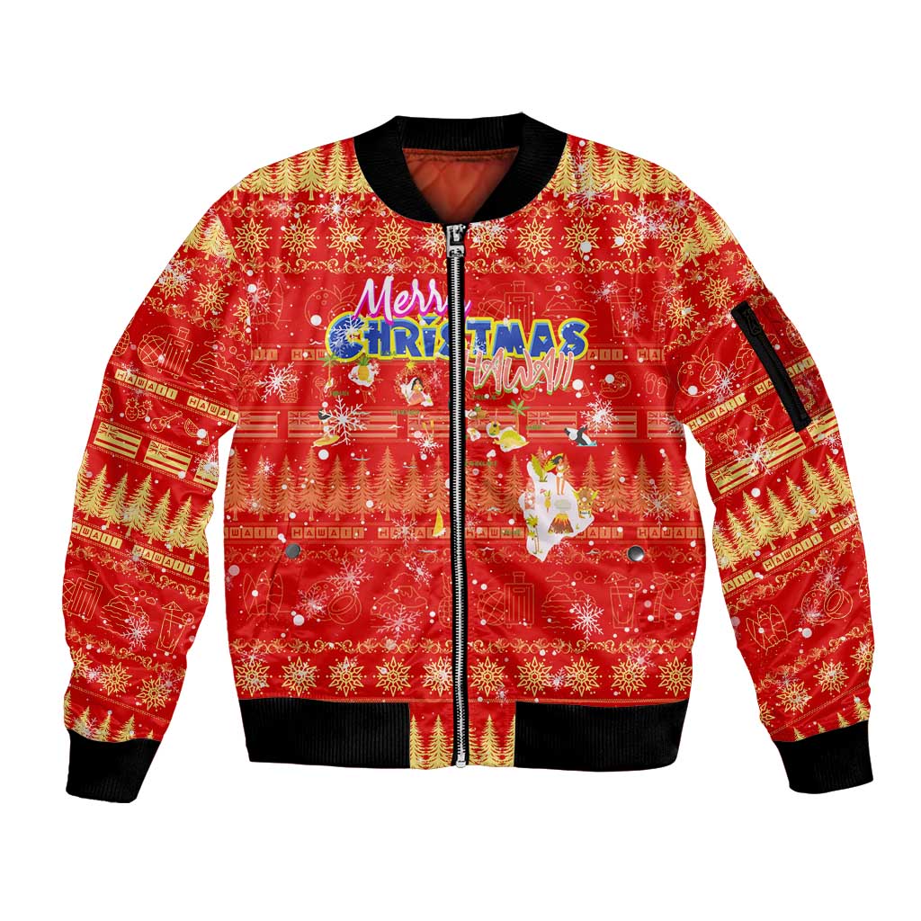 Merry Christmas Hawaii Sleeve Zip Bomber Jacket Xmas Travel Map - Polynesian Pride