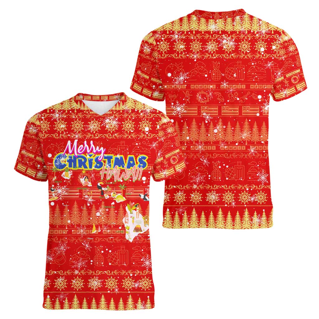 Merry Christmas Hawaii Women V-Neck T-Shirt Xmas Travel Map - Polynesian Pride