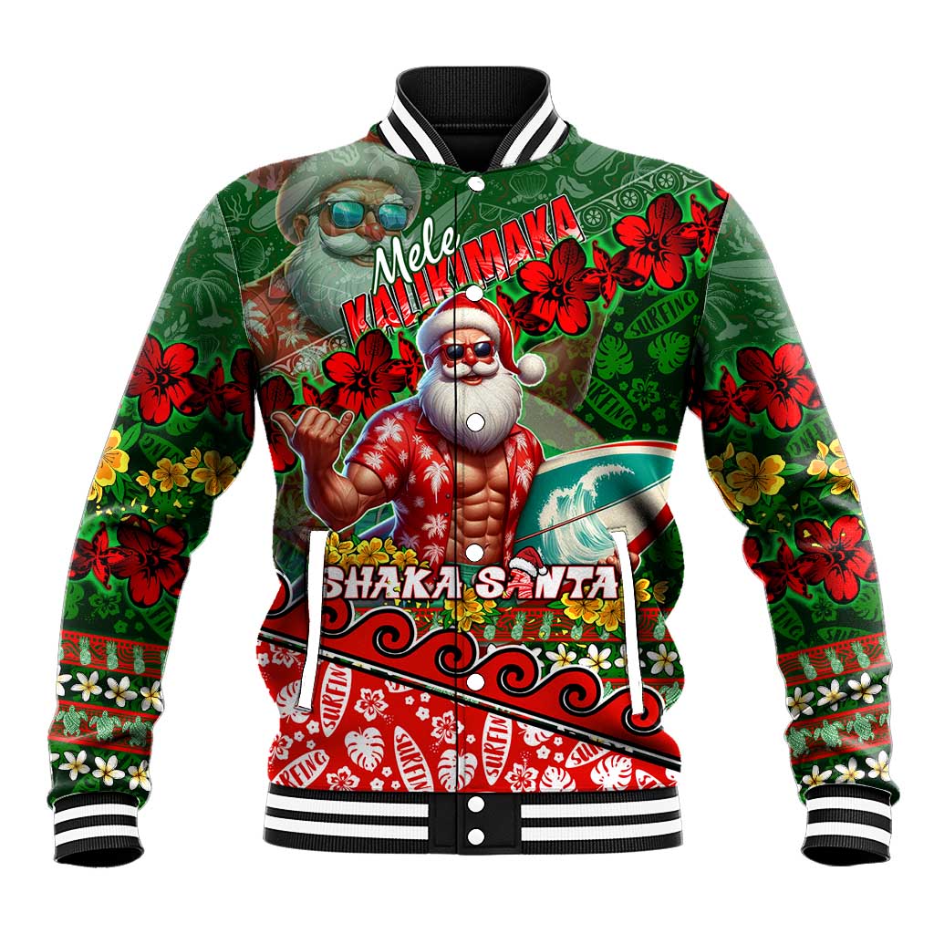 Mele Kalikimaka Shaka Santa Baseball Jacket Hawaiian Surf Christmas Design with Aloha Spirit DT02 Unisex Green - Polynesian Pride